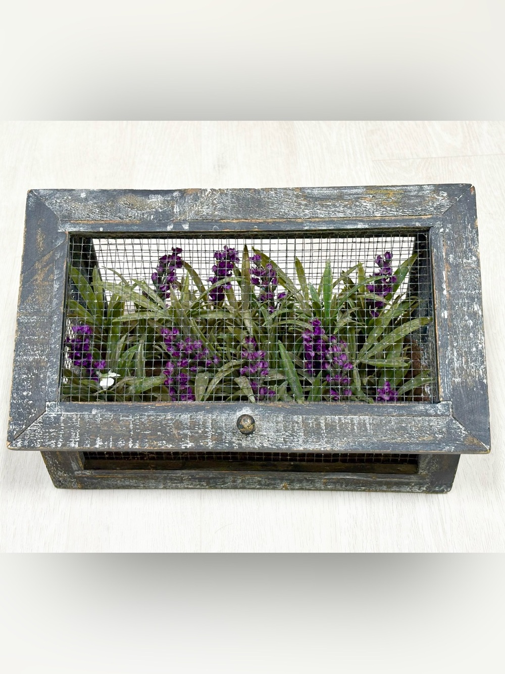Distressed Gray Wooden Wall Planter with Faux Purple Lavender
